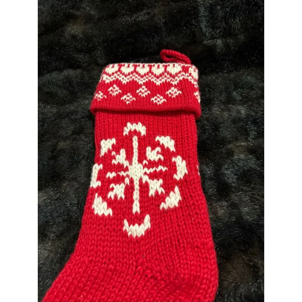 Crate & Barrel Red Sweater Knit Hand Knit White Snowflake Christmas Stocking